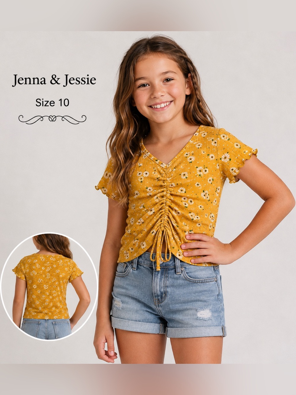 Jenna & Jessie Girls Size 10 Mustard Daisy Floral Ruched Tie Front Top trendy